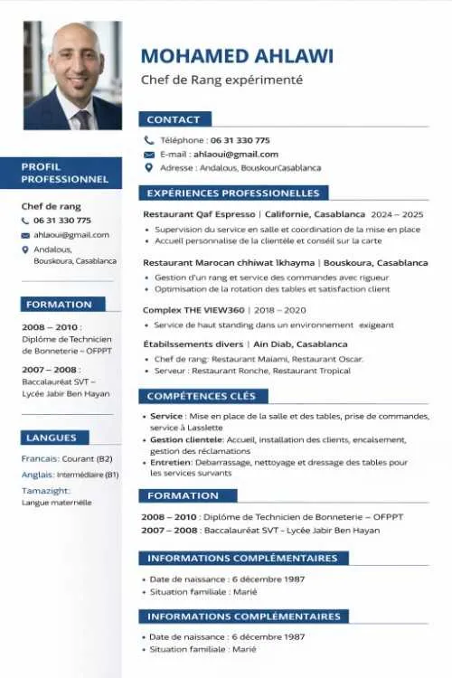 Serveur,chef de rang - Casablanca