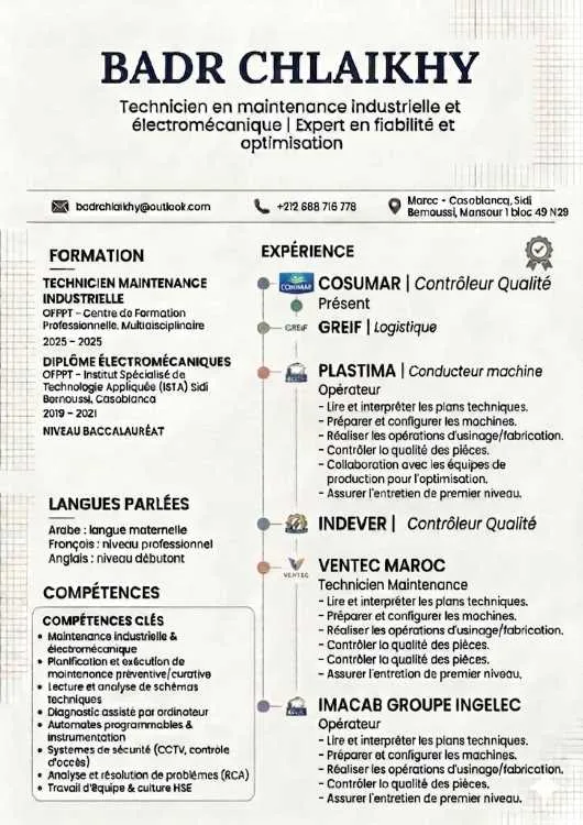 Contrôle qualité et technicien maintenance Électro - Casablanca