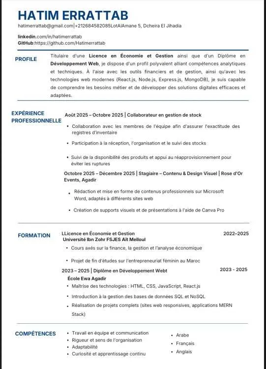 Jeune diplômé Bac+3 en Économie et Gestion - Agadir