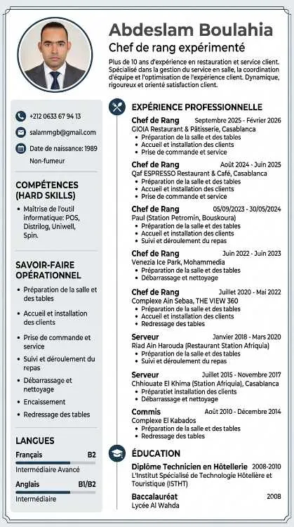 Chef de rang, serveur, commis de salle - Casablanca