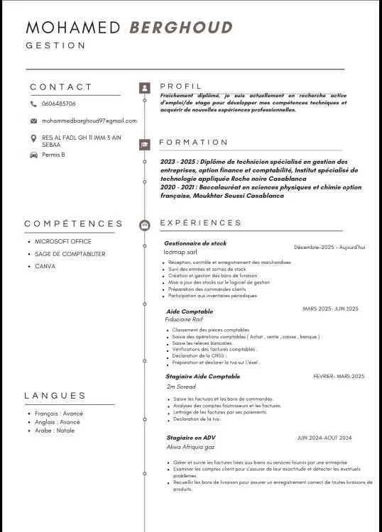 Candidature à poste comptable / gestionnaire de st - Casablanca
