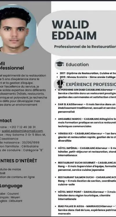 Serveur où chef de rang - Dakhla