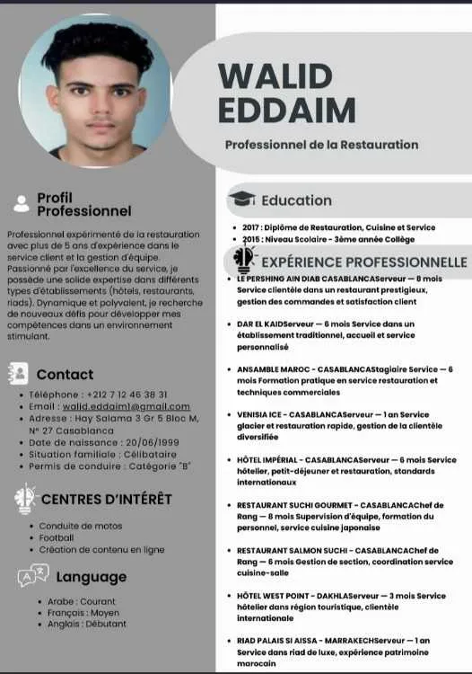 Serveur où chef de rang - Dakhla