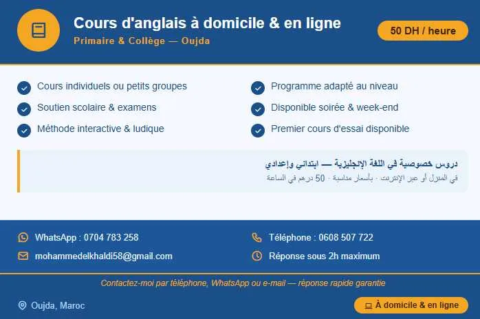 Cours d'anglais à domicile et en ligne