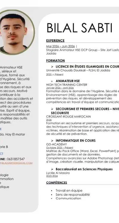 Animateur hse diplômé avec stage chez ocp