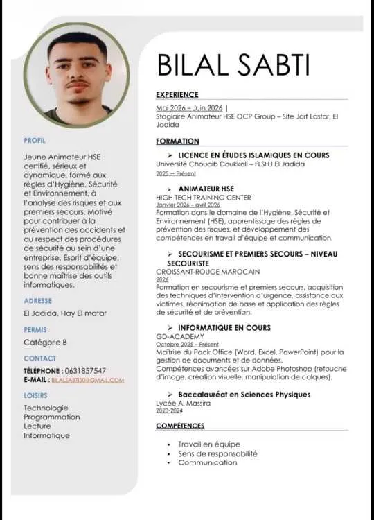 Animateur hse diplômé avec stage chez ocp