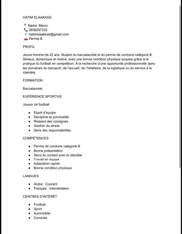 Chauffeur Permis B cherche emploi à Nador