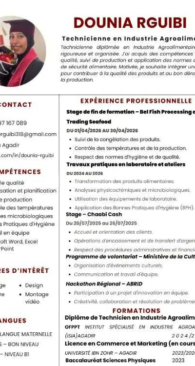 Technicienne en Industrie Agroalimentaire Agadir